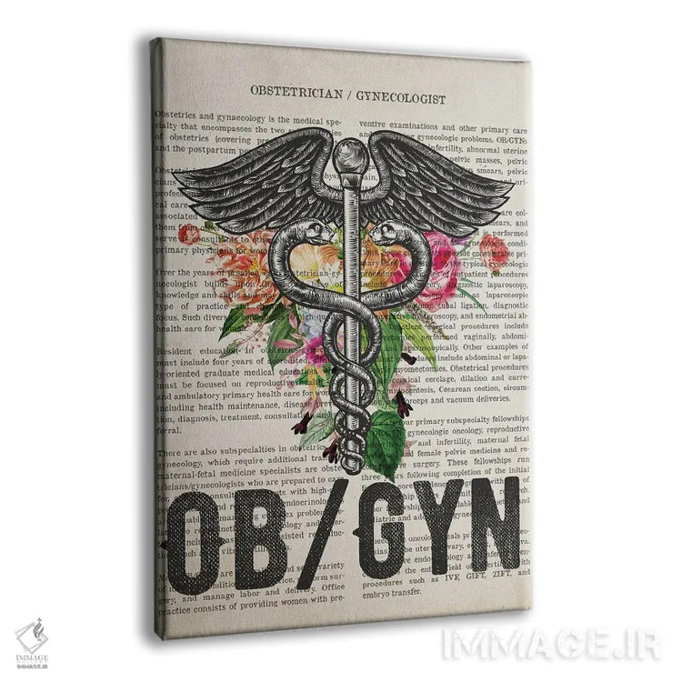 تابلو متخصص زنان زایمان (OB/GYN) با گلها اثر پیکسل کهنه (استودیو/نام هنری) - نمای پرسپکتیو محصول