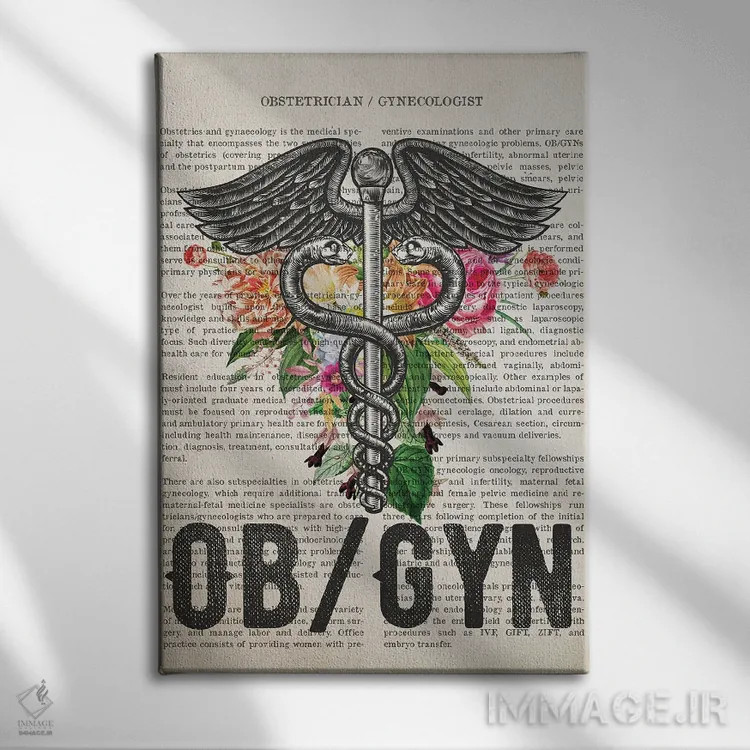 تابلو متخصص زنان زایمان (OB/GYN) با گلها اثر پیکسل کهنه (استودیو/نام هنری) - نمای روبهرو روی دیوار