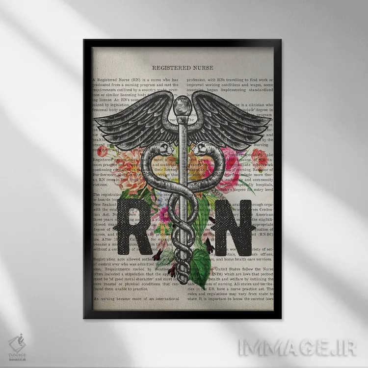 تابلو پرستار ثبتشده (RN) همراه با گلها اثر پیکسل کهنه (استودیو/نام هنری) - نمای قابدار مشکی