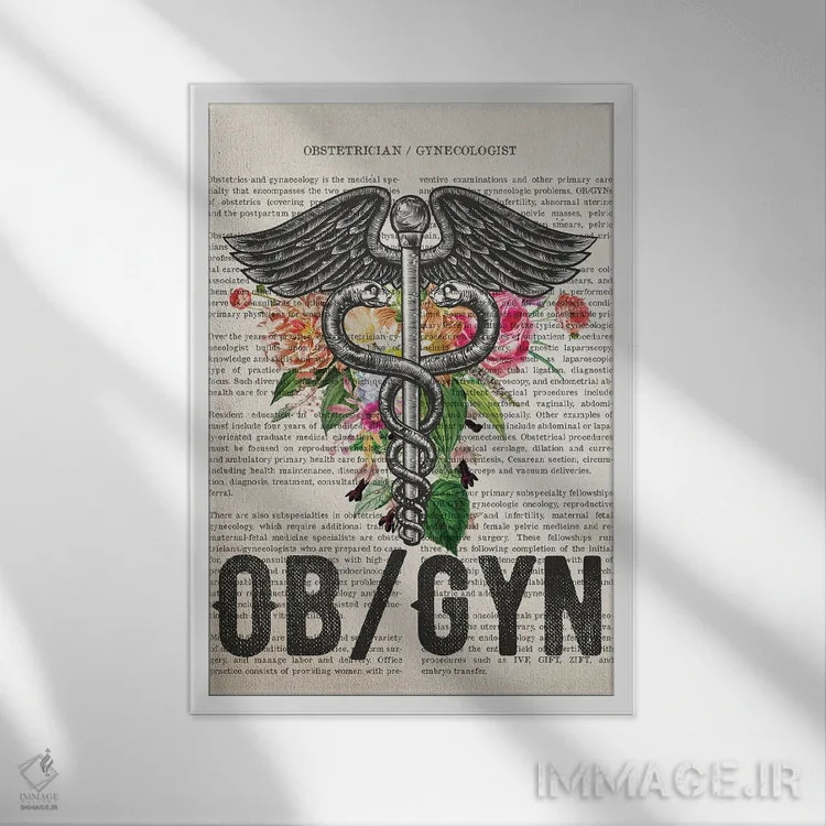 تابلو متخصص زنان زایمان (OB/GYN) با گلها اثر پیکسل کهنه (استودیو/نام هنری) - نمای قابدار سفید