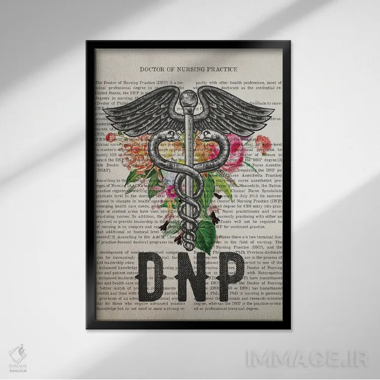 تابلو دکترای پرستاری کارورز (DNP) همراه با گلها اثر پیکسل کهنه (استودیو/نام هنری) - نمای قابدار مشکی