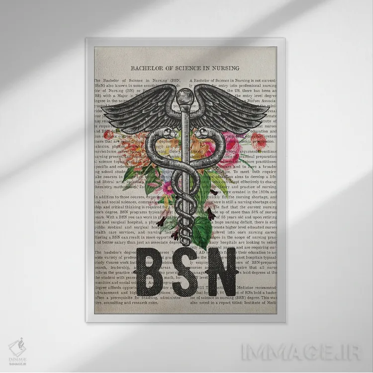تابلو لیسانس پرستاری (BSN) همراه با گلها اثر پیکسل کهنه (استودیو/نام هنری) - نمای قابدار سفید
