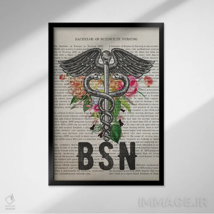 تابلو لیسانس پرستاری (BSN) همراه با گلها اثر پیکسل کهنه (استودیو/نام هنری) - نمای قابدار مشکی
