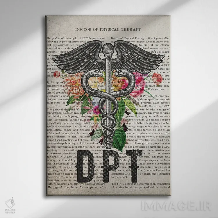 تابلو دکترای فیزیوتراپی (DPT) همراه با گلها اثر پیکسل کهنه (استودیو/نام هنری) - نمای روبهرو روی دیوار