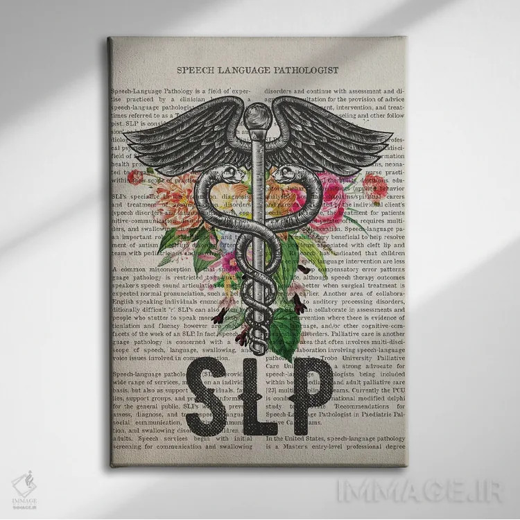 تابلو متخصص گفتاردرمانی (SLP) با گلها اثر پیکسل کهنه (استودیو/نام هنری) - نمای روبهرو روی دیوار