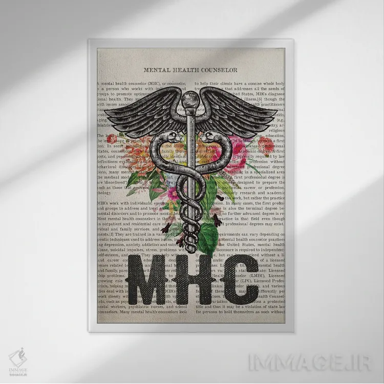تابلو مشاور سلامت روان (MHC) همراه با گلها اثر پیکسل کهنه (استودیو/نام هنری) - نمای قابدار سفید