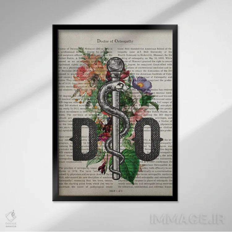 تابلو دکترای استئوپاتی (DO) همراه با گلها اثر پیکسل کهنه (استودیو/نام هنری) - نمای قابدار مشکی