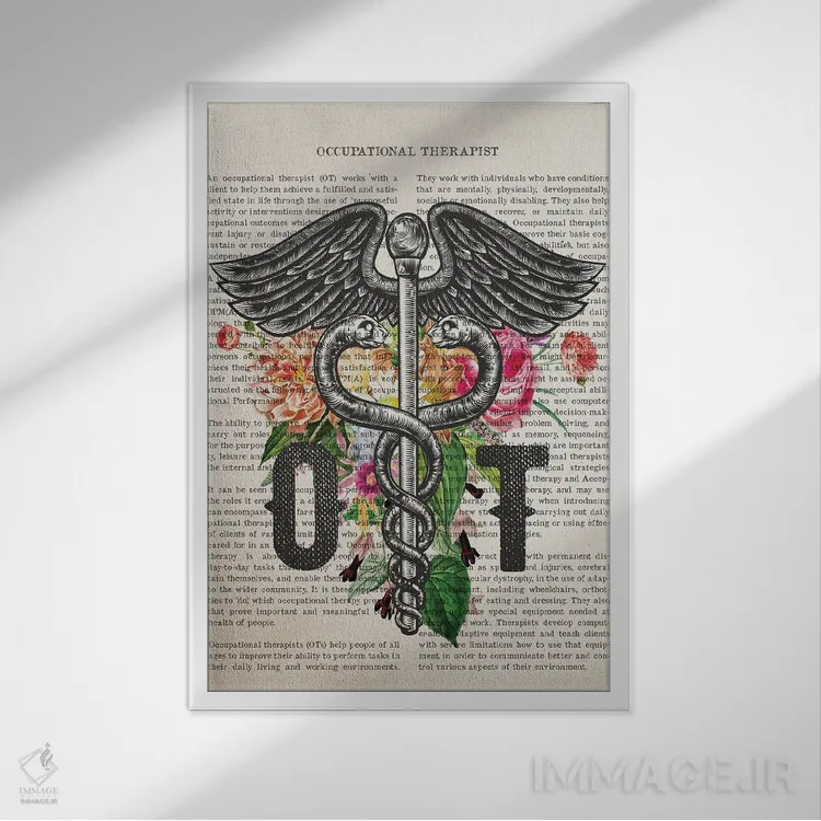 تابلو چاپ کاردرمانگر (OT) با گلها اثر پیکسل کهنه (استودیو/نام هنری) - نمای قابدار سفید