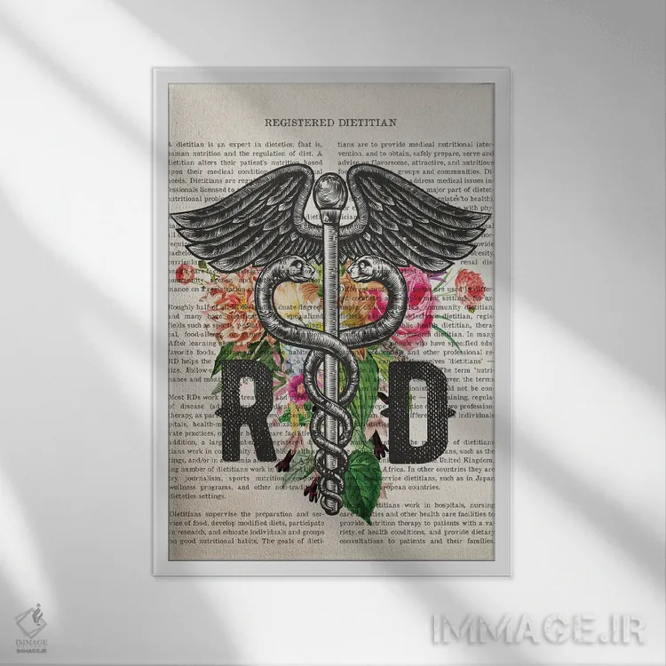 تابلو چاپ متخصص تغذیه ثبت شده (RD) با گلها اثر پیکسل کهنه (استودیو/نام هنری) - نمای قابدار سفید