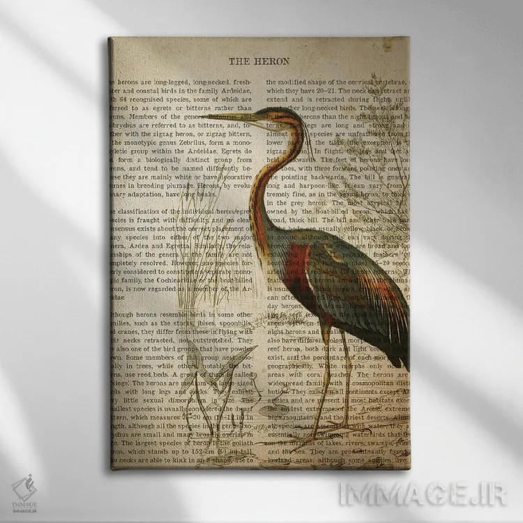 تابلو چاپ وینتیج حواصیل اثر پیکسل کهنه (استودیو/نام هنری) - نمای روبهرو روی دیوار