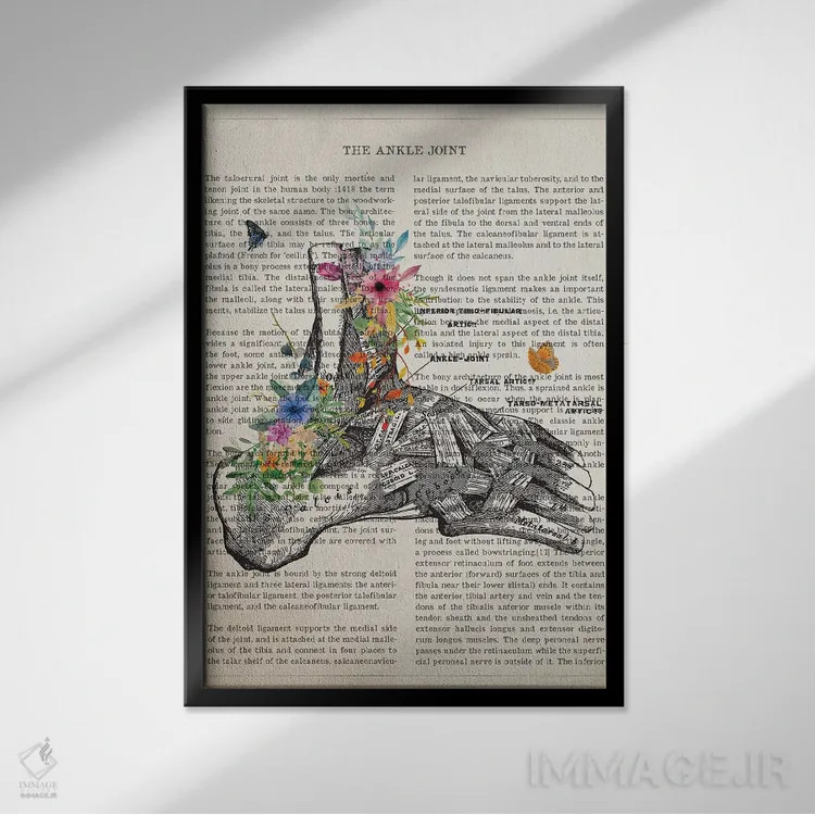 تابلو مفصل مچ پا آناتومی گل اثر پیکسل کهنه (استودیو/نام هنری) - نمای قابدار مشکی