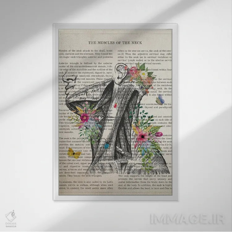 تابلو عضلات گردن آناتومی گل اثر پیکسل کهنه (استودیو/نام هنری) - نمای قابدار سفید