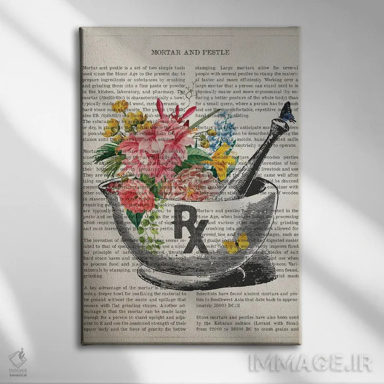 تابلو هاون و دسته هاون گل (طرح گل بر روی هاون و دسته هاون) اثر پیکسل کهنه (استودیو/نام هنری) - نمای روبهرو روی دیوار