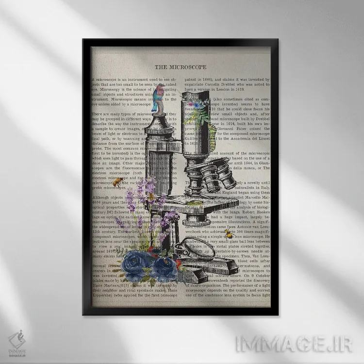 تابلو میکروسکوپ گل (میکروسکوپ با تزئینات گل) اثر پیکسل کهنه (استودیو/نام هنری) - نمای قابدار مشکی