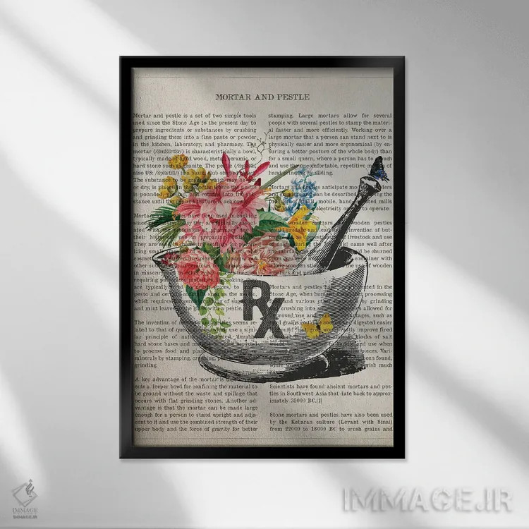 تابلو هاون و دسته هاون گل (طرح گل بر روی هاون و دسته هاون) اثر پیکسل کهنه (استودیو/نام هنری) - نمای قابدار مشکی