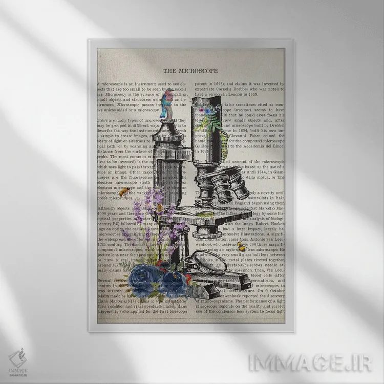تابلو میکروسکوپ گل (میکروسکوپ با تزئینات گل) اثر پیکسل کهنه (استودیو/نام هنری) - نمای قابدار سفید