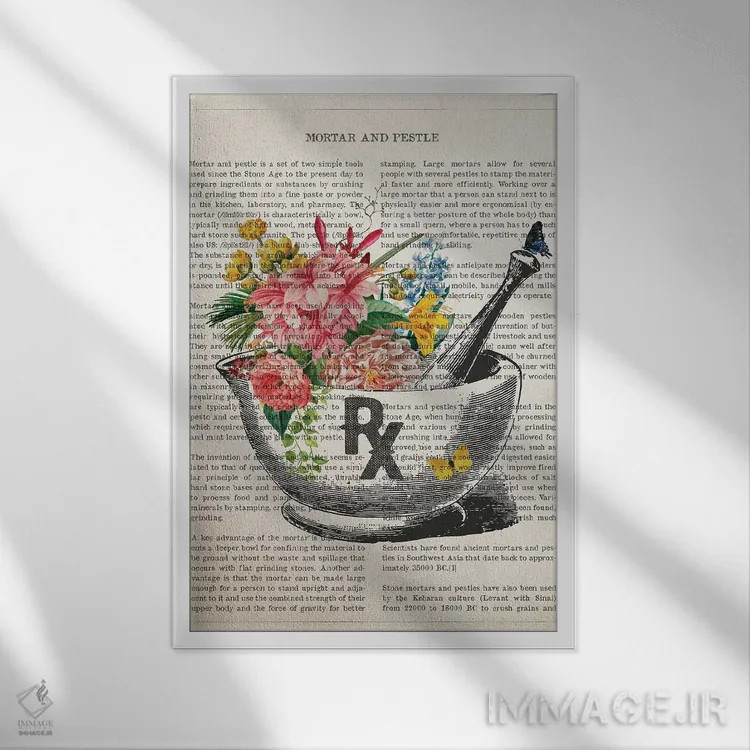 تابلو هاون و دسته هاون گل (طرح گل بر روی هاون و دسته هاون) اثر پیکسل کهنه (استودیو/نام هنری) - نمای قابدار سفید