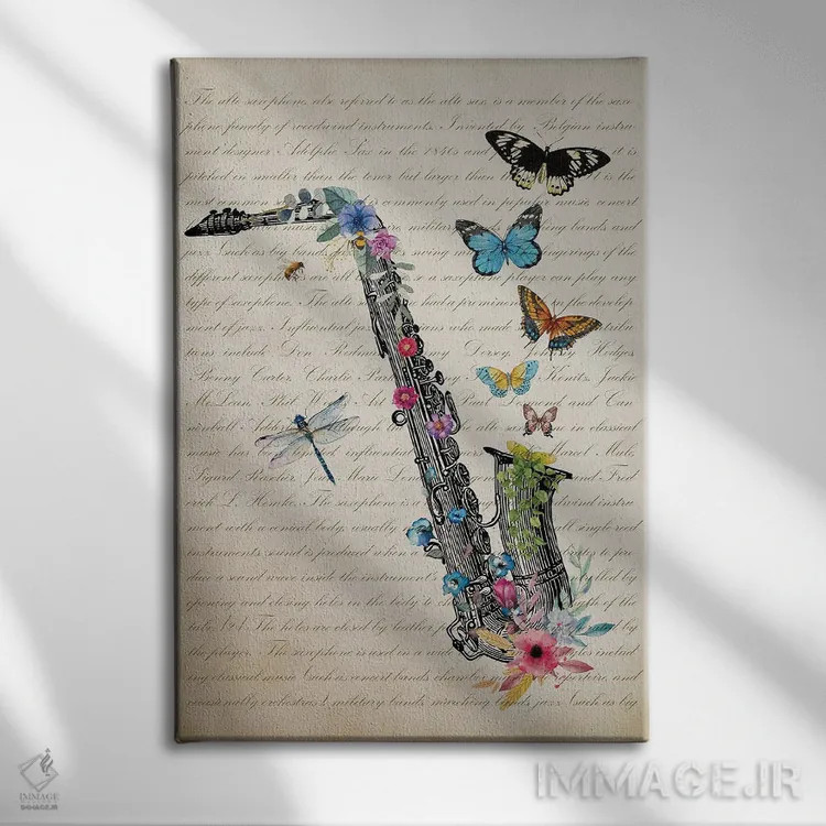 تابلو ساکسیفون آلتو با گلها اثر پیکسل کهنه (استودیو/نام هنری) - نمای روبهرو روی دیوار