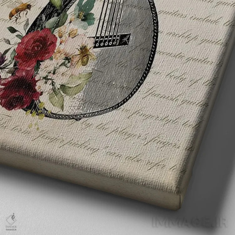 تابلو گیتار با گلها اثر پیکسل کهنه (استودیو/نام هنری) - نمای نزدیک بافت بوم