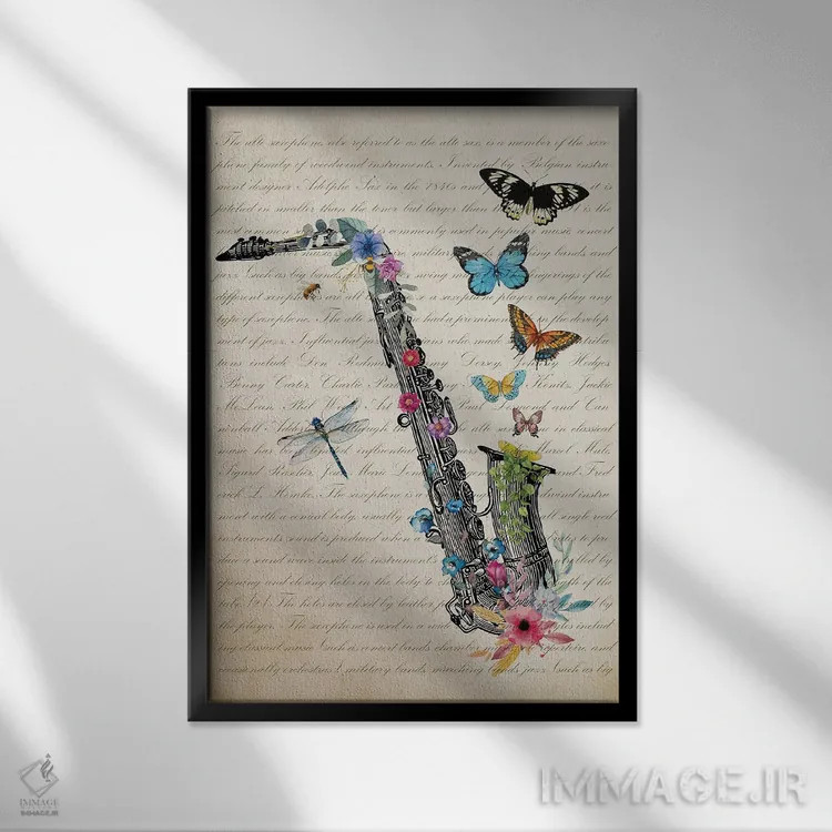 تابلو ساکسیفون آلتو با گلها اثر پیکسل کهنه (استودیو/نام هنری) - نمای قابدار مشکی