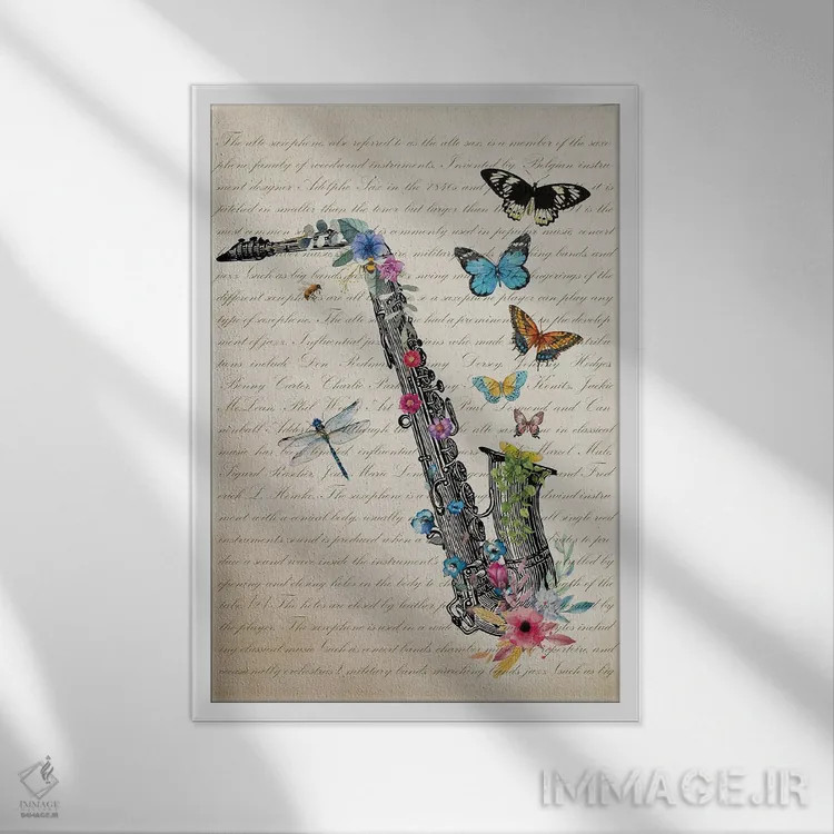 تابلو ساکسیفون آلتو با گلها اثر پیکسل کهنه (استودیو/نام هنری) - نمای قابدار سفید