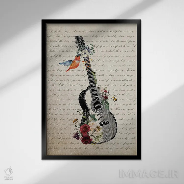 تابلو گیتار با گلها اثر پیکسل کهنه (استودیو/نام هنری) - نمای قابدار مشکی