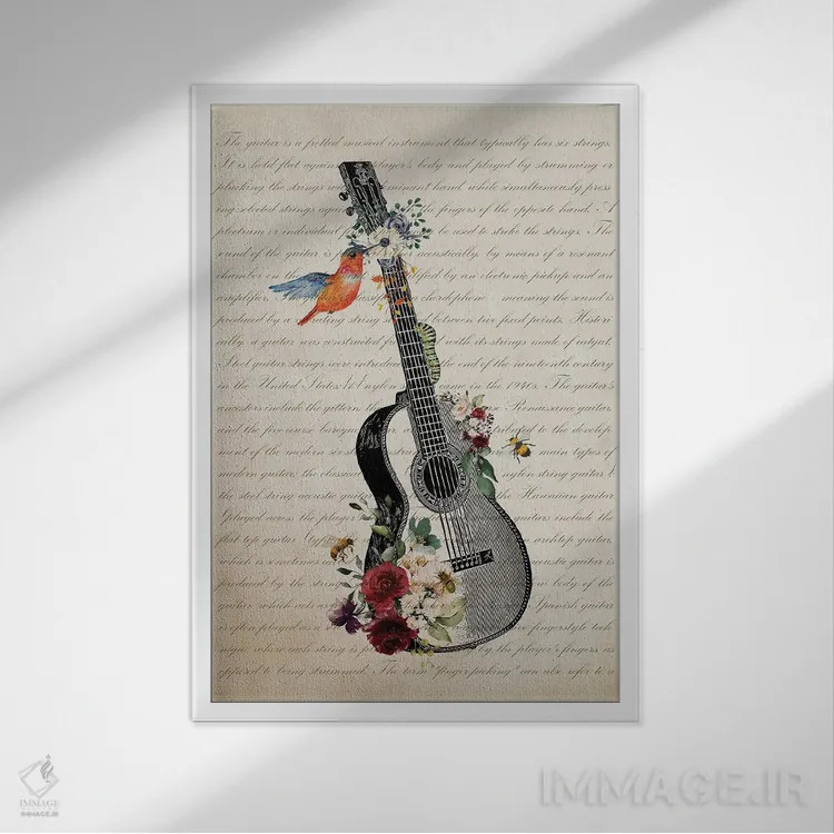 تابلو گیتار با گلها اثر پیکسل کهنه (استودیو/نام هنری) - نمای قابدار سفید