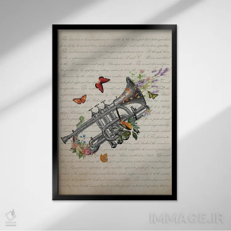 تابلو کرنت با گلها (نوعی ساز بادی) اثر پیکسل کهنه (استودیو/نام هنری) - نمای قابدار مشکی