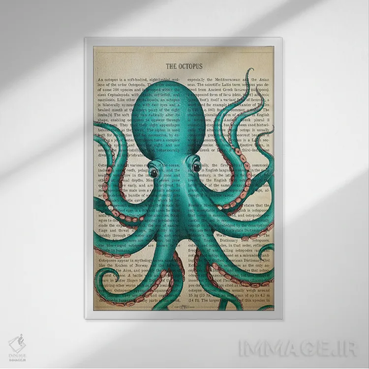 تابلو اختاپوس فیروزهای اثر پیکسل کهنه (استودیو/نام هنری) - نمای قابدار سفید