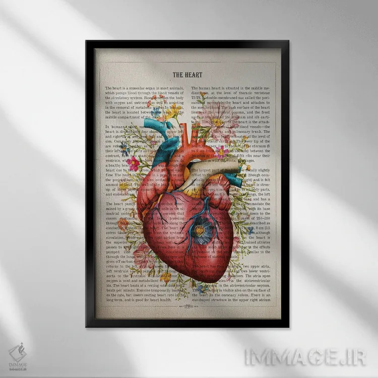تابلو ساختار قلب بهصورت گل (آناتومی قلب به سبک گلآرایی) اثر پیکسل کهنه (استودیو/نام هنری) - نمای قابدار مشکی