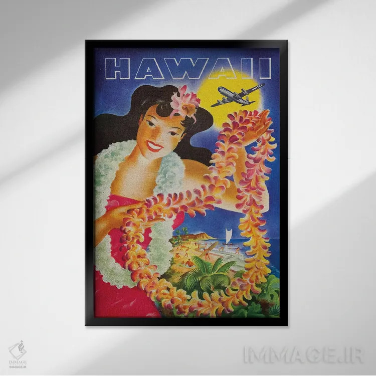 تابلو پوستر قدیمی سفر به هاوایی (طرح وکتور) اثر آلساندرو دلا توره - نمای قابدار مشکی