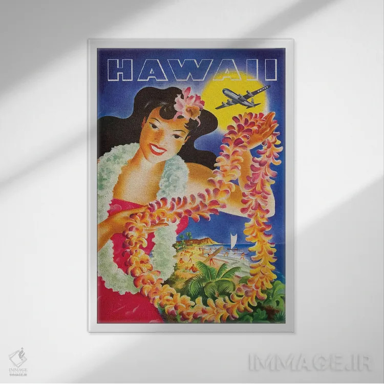 تابلو پوستر قدیمی سفر به هاوایی (طرح وکتور) اثر آلساندرو دلا توره - نمای قابدار سفید