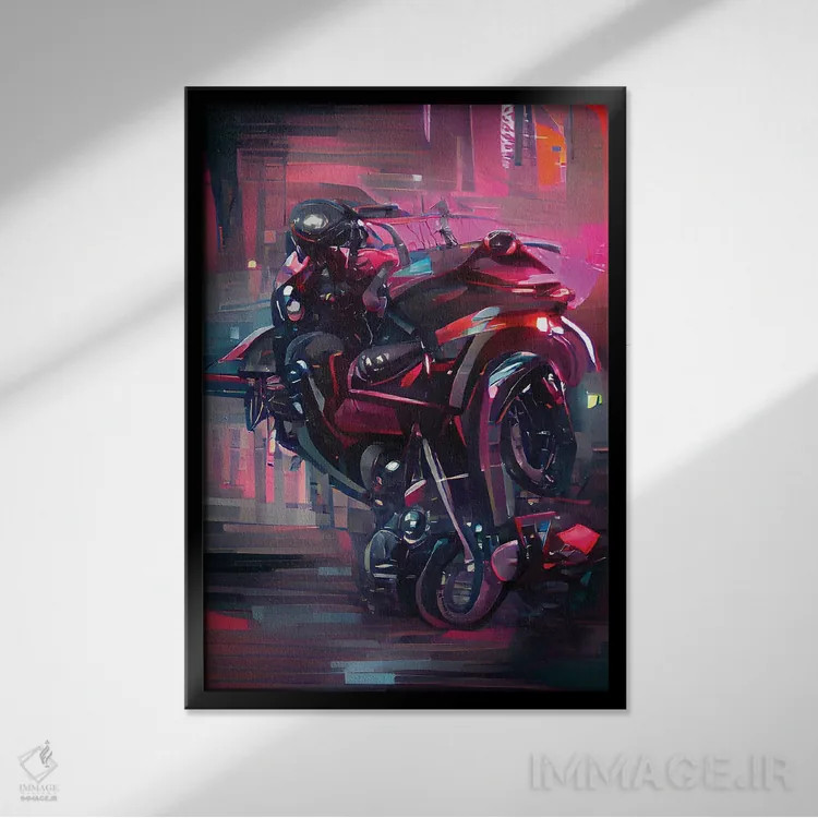 تابلو موتورسوار سایبرپانک اثر آلساندرو دلا توره - نمای قابدار مشکی