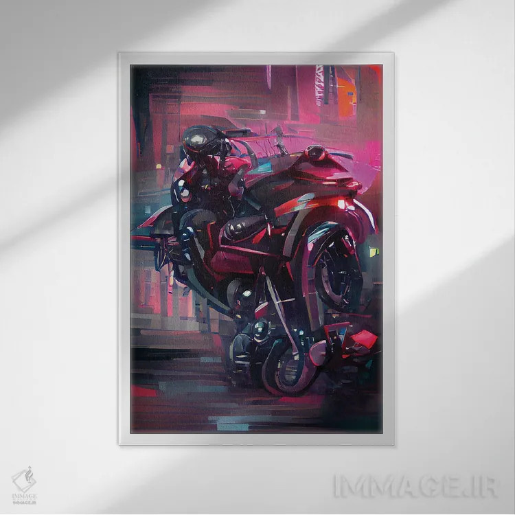 تابلو موتورسوار سایبرپانک اثر آلساندرو دلا توره - نمای قابدار سفید