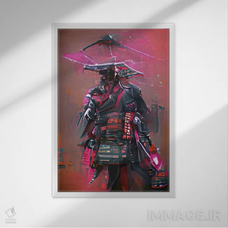 تابلو جنگجوی سامورایی سایبرپانک اثر آلساندرو دلا توره - نمای قابدار سفید