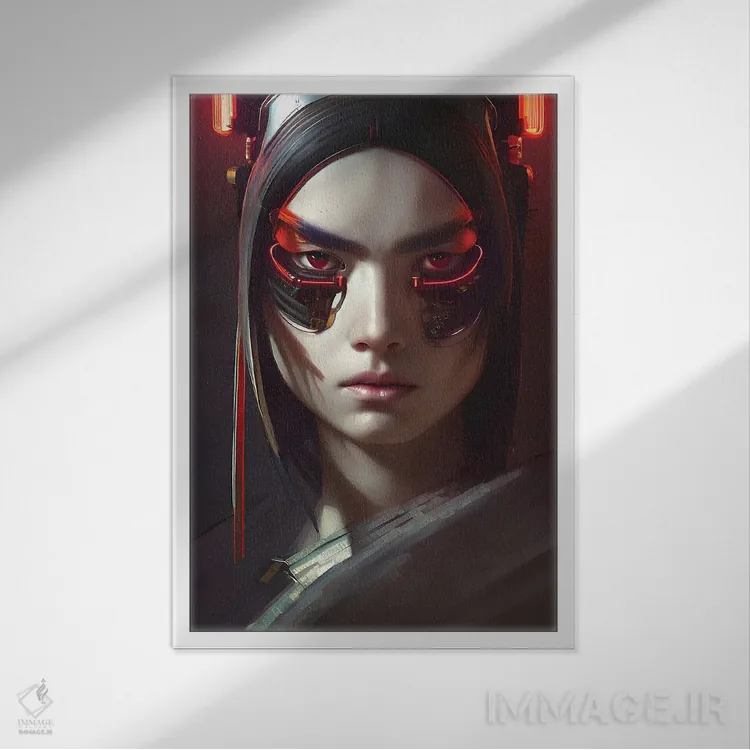 تابلو سامورایی سایبرپانک تکنولوژیک اثر آلساندرو دلا توره - نمای قابدار سفید