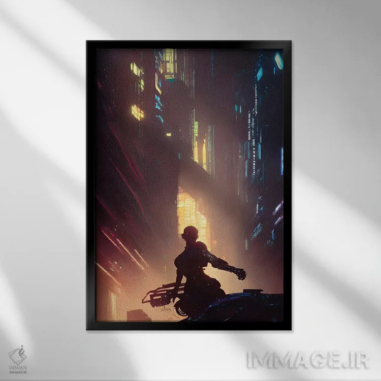 تابلو پیادهروی در شهر سایبرپانک ۱۲ اثر آلساندرو دلا توره - نمای قابدار مشکی