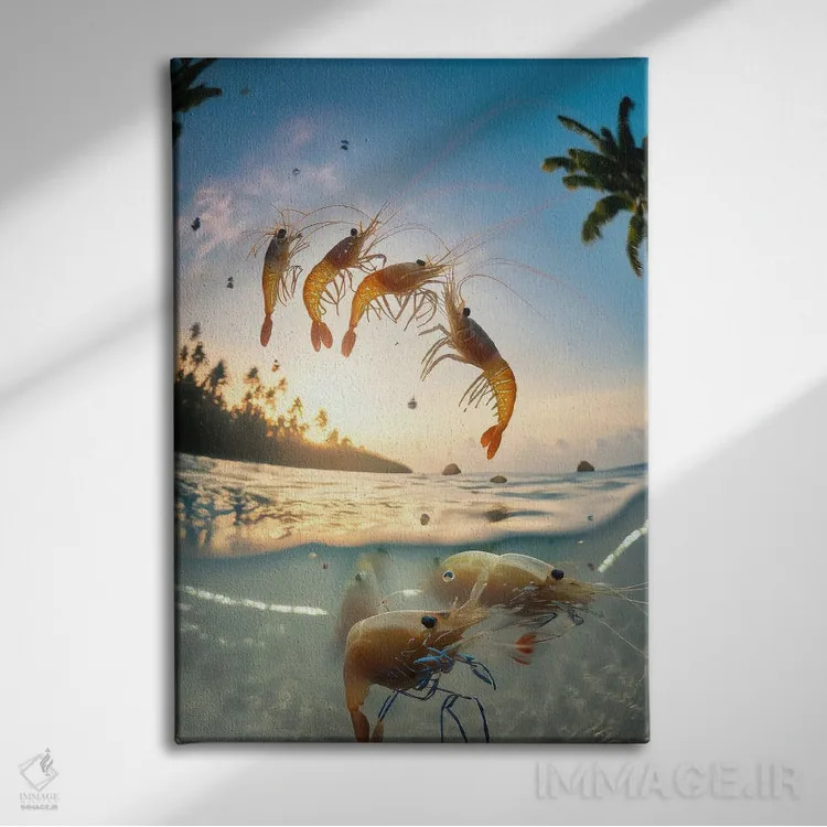 تابلو میگوهای هوش مصنوعی در حال پریدن از آب اثر آلساندرو دلا توره - نمای روبهرو روی دیوار