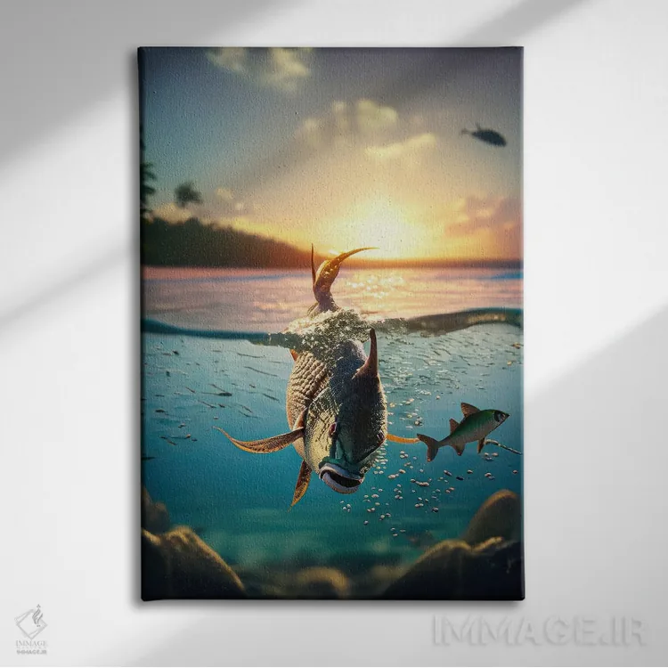 تابلو ماهی هوش مصنوعی در حال شنا در غروب گرمسیری اثر آلساندرو دلا توره - نمای روبهرو روی دیوار