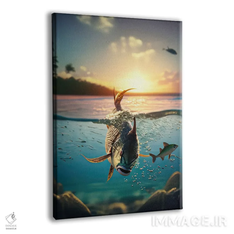 تابلو ماهی هوش مصنوعی در حال شنا در غروب گرمسیری اثر آلساندرو دلا توره - نمای پرسپکتیو محصول