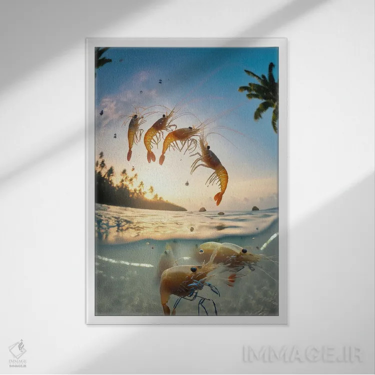 تابلو میگوهای هوش مصنوعی در حال پریدن از آب اثر آلساندرو دلا توره - نمای قابدار سفید