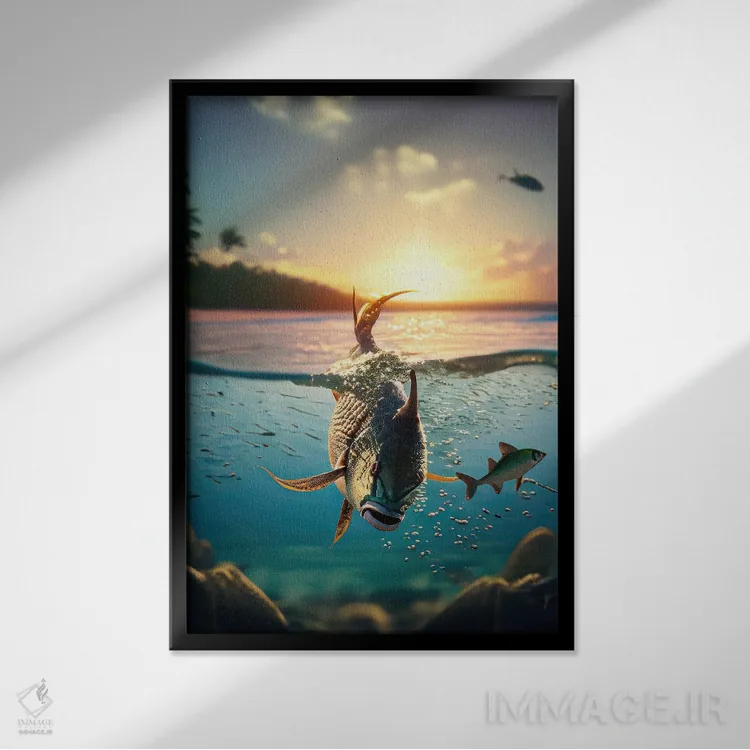 تابلو ماهی هوش مصنوعی در حال شنا در غروب گرمسیری اثر آلساندرو دلا توره - نمای قابدار مشکی