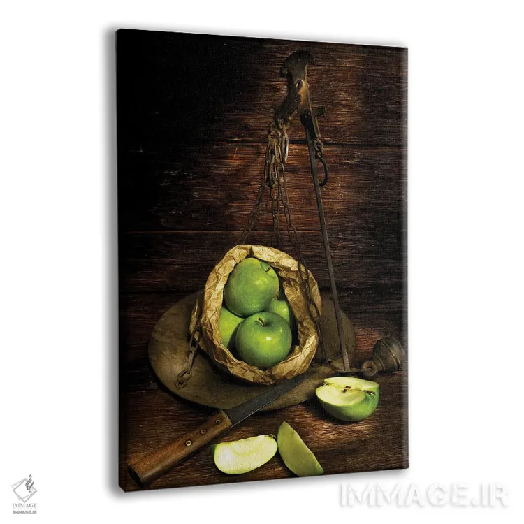 تابلو سیبهای سبز روی ترازو روی میز چوبی اثر آلساندرو دلا توره - نمای پرسپکتیو محصول