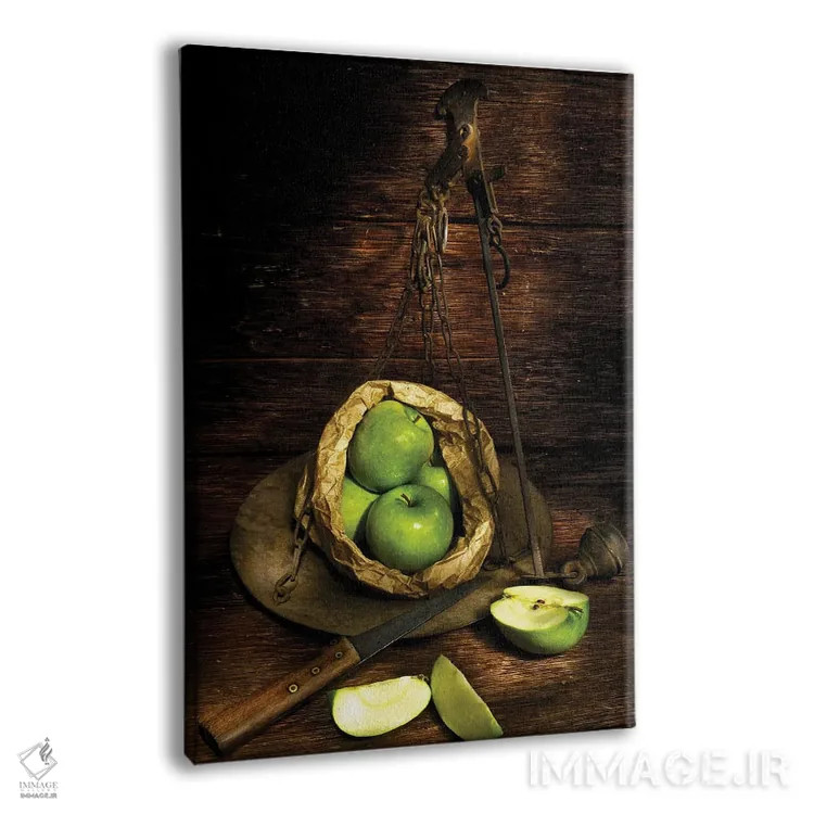 تابلو سیبهای سبز روی ترازو روی میز چوبی اثر آلساندرو دلا توره - نمای پرسپکتیو محصول