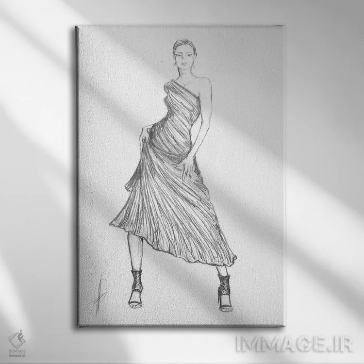تابلو زن با لباس مُد دیگر در حال ژست گرفتن اثر آلساندرو دلا توره - نمای روبهرو روی دیوار