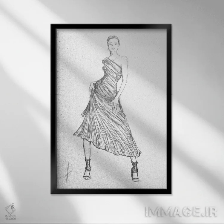 تابلو زن با لباس مُد دیگر در حال ژست گرفتن اثر آلساندرو دلا توره - نمای قابدار مشکی