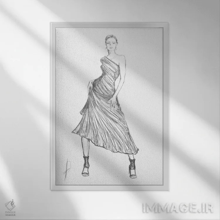 تابلو زن با لباس مُد دیگر در حال ژست گرفتن اثر آلساندرو دلا توره - نمای قابدار سفید
