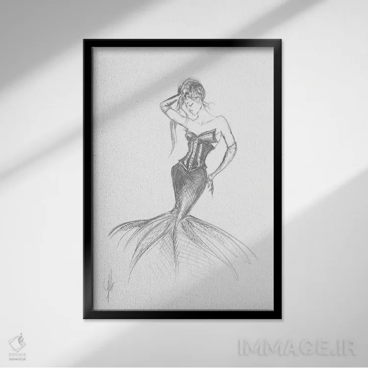 تابلو With Siren Fashion Dress,زن با لباس مُد پری دریایی اثر آلساندرو دلا توره - نمای قابدار مشکی