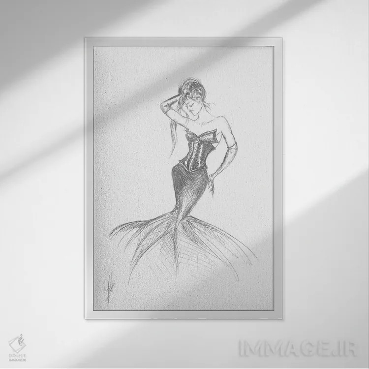 تابلو With Siren Fashion Dress,زن با لباس مُد پری دریایی اثر آلساندرو دلا توره - نمای قابدار سفید