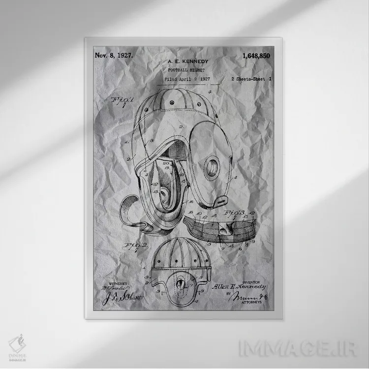 تابلو پوستر ثبت اختراع کلاه فوتبال آمریکایی اثر آلساندرو دلا توره - نمای قابدار سفید